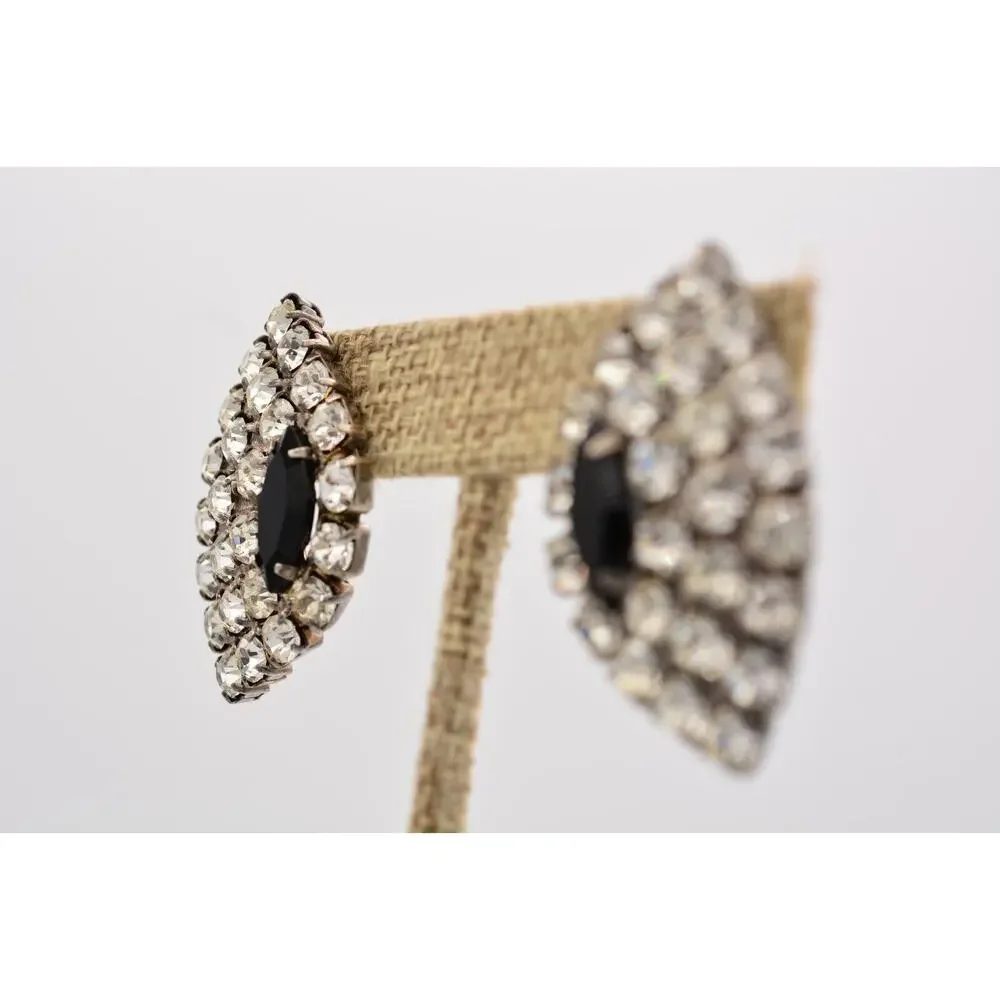 Vintage Crystal Earrings Black Marquise Prong Rhinestone Sparkling 1980s 9D